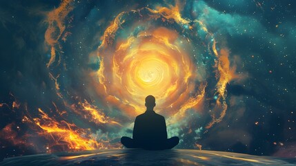 Person meditating surrounded by psychic waves and consciousness - obrazy, fototapety, plakaty
