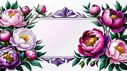 Banner with bordo and purple peony flowers on light background. Flat lay, top view. Frame template for web, wedding invitation, Mothers and Womans day. Floral composition with copy space.