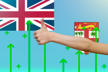 Fiji flag with green up arrows, increasing values and improving economy, upward rising arrow on 