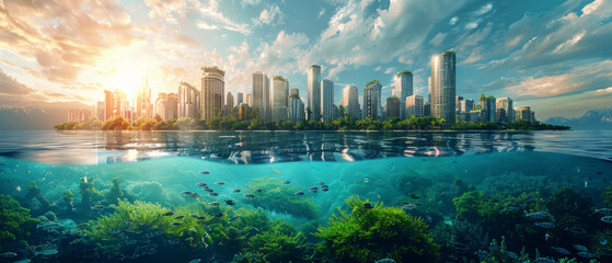 Futuristic cityscape merging with underwater ecosystem at sunrise, depicting urban development and nature.