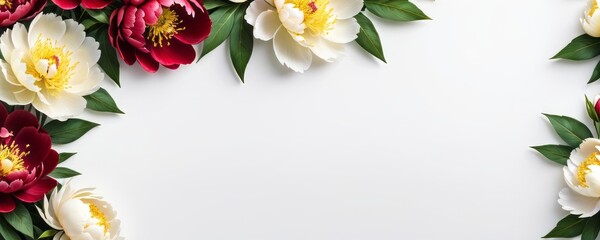 Banner with yellow and red peony flowers on light background. Flat lay, top view. Frame template for web, wedding invitation, Mothers and Womans day. Floral composition with copy space.