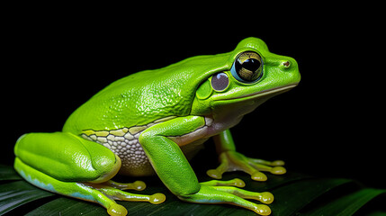 Obraz premium An isolated green frog against a stark black background