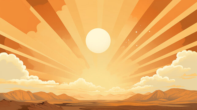 Desertwave: Sun Rays and Clouds Background - Vintage Illustration in Orange and Beige Tones, Evoking Nostalgia and Warmth