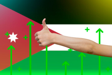 Jordan flag with green up arrows, increasing values and improving economy,  finger thumbs up front 