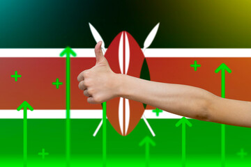 Kenya flag with green up arrows, country statistics concept, upward rising arrow on data,  finger 