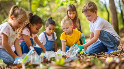 A group of children picking up plastic waste in a park, inspiring action and responsibility from a young age