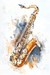 A minimalist watercolor painting of a saxophone, its brass hues gleaming against soft shadowy backdrops, simple yet evocative, isolated on a white background