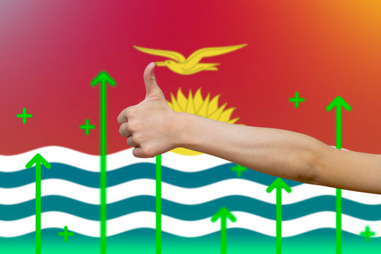 Kiribati flag with green up arrows, upward rising arrow on data, increasing values and improving  - Powered by Adobe