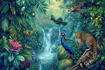 Mural of a Jungle, tropical illustration. Fantasy animals, birds in enchanted fairy tale jungle. Amazon forest with fabulous peacock, leopard, wallpaper for kids room. 