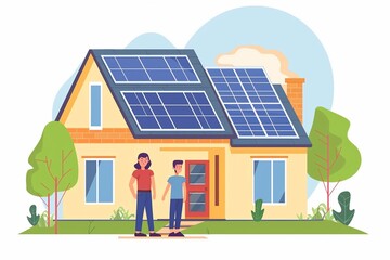 A family uses a renewable energy system, standing near the house with solar panels, Alternative energy.