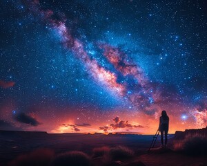 Astrophotography setup aiming at a starry sky, capturing the universe's vast beauty