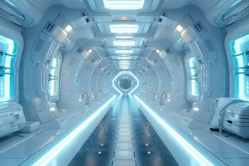 The futuristic spaceship's interior is illuminated by a beautiful mix of blue and white lights, creating a mesmerizing glow.