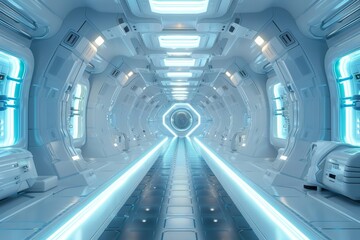 Obraz premium The futuristic spaceship's interior is illuminated by a beautiful mix of blue and white lights, creating a mesmerizing glow.