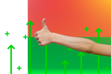 Madagascar flag with green up arrows,  finger thumbs up front of Madagascar flag, upward rising 