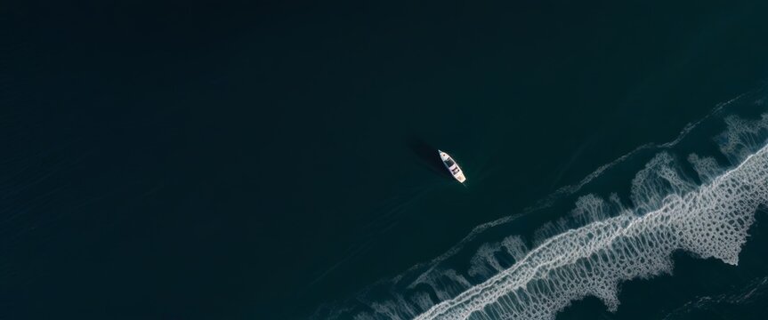 A yacht is floating on the sea, aerial view from a drone perspective, in a minimalist style, captured with high definition photography from. The dark blue-green ocean background creates contrast betwe