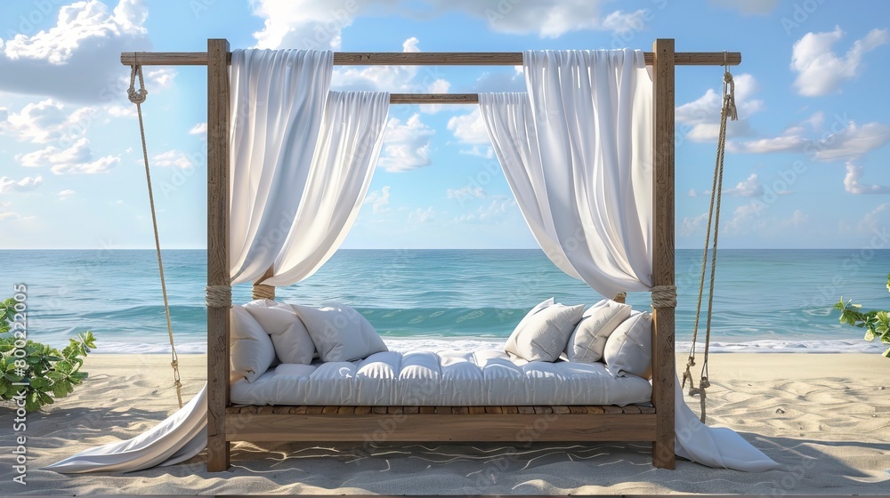 Wall mural wooden swing with a mattress and pillows under a canopy on the tropical beach