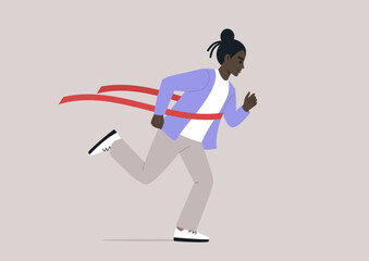 Triumphant Sprint to Victory, A determined runner breaks through the red finish ribbon