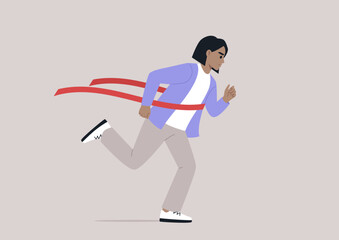 Triumphant Sprint to Victory, A determined runner breaks through the red finish ribbon