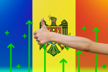 Moldova flag with green up arrows, increasing values and improving economy, upward rising arrow 