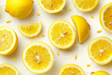 Fresh Lemon Slice Seamless Pattern: Vibrant Vector Art with Cinematic Lighting on Yellow Background for High-Quality Design Projects