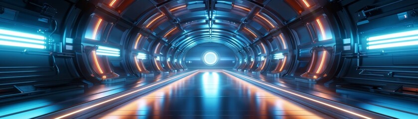 The futuristic spaceship's interior is illuminated by a beautiful mix of blue and white lights,...