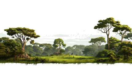 Isolated African forest landscape background on a backdrop of pure white