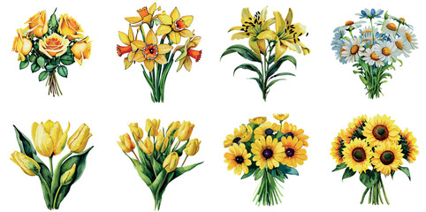 The picture shows a collection of wedding flowers painted with watercolor paints. This is part of a graphic set isolated on a white background that contains elements for design.