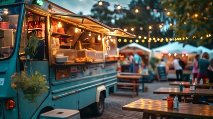 Fototapeta na wymiar Beautiful glowing food truck at a fair or festival in the evening