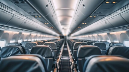 Fototapeta premium A modern and clean airplane cabin with rows of empty leather seats, highlighting travel comfort.