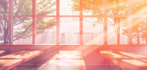 Morning sunlight streaming through a classroom window, casting warm shadows on empty benches.
