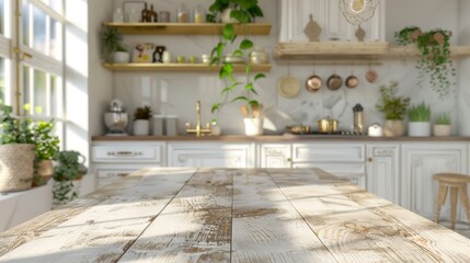 Rustic wooden tabletop in a sunlit farmhouse kitchen with modern amenities and greenery.