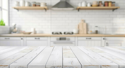 White wooden table surface with a minimalist kitchen backdrop featuring clean lines and modern design.