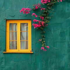 Fototapeta na wymiar A Window With Pink Flowers On A Green Wall 