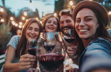 A group of friends taking a selfie with wine glasses at an outdoor party, all smiling and laughing heartily while holding their reds or whites in hand