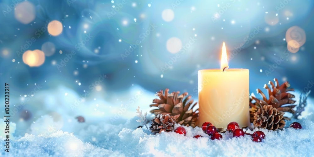 Poster a glowing candle surrounded by pine cones and red berries, nestled in a snowy backdrop with a bokeh 