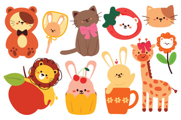 hand drawing cute cartoon animals sticker set