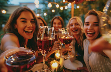 A group of friends taking a selfie with wine glasses at an outdoor party, all smiling and laughing heartily while holding their reds or whites in hand