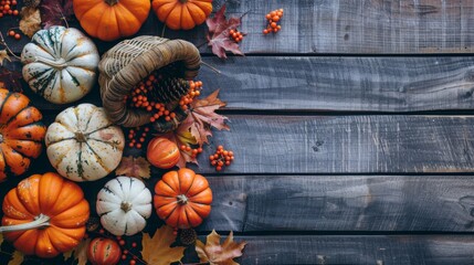 A festive display of various pumpkins and fall decorations on a rustic wooden background. - Powered by Adobe