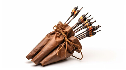 A brown bag filled with archery arrows is isolated on a wall of white.