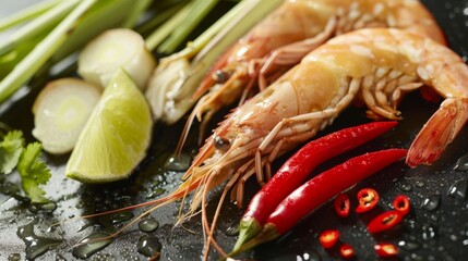 Close-up shot of the ingredients in Thai spicy food. A single, perfectly peeled shrimp rests beside vibrant red chilies, a slice of galangal, and a fragrant stalk of lemongrass. 