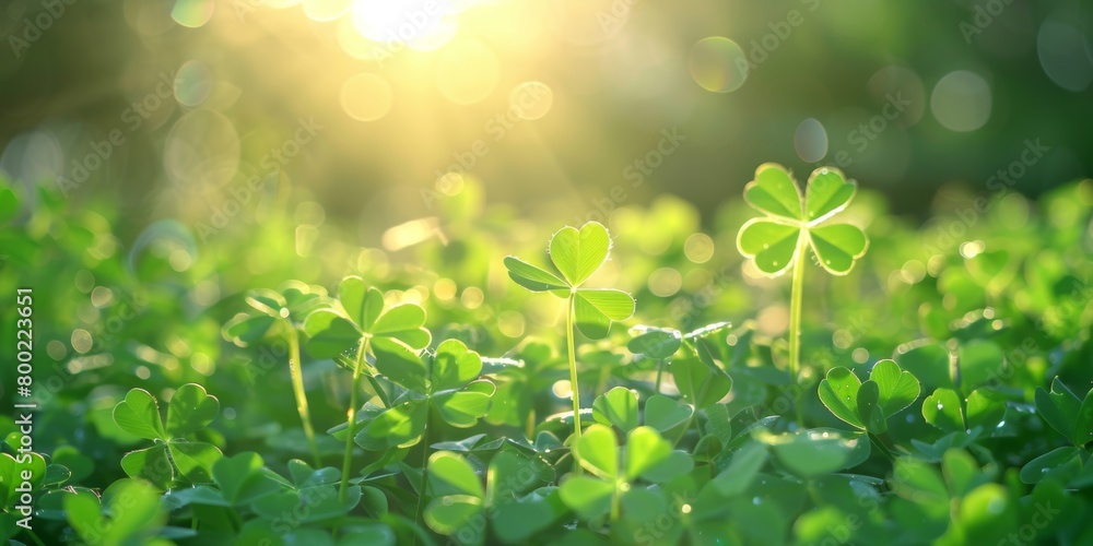 Poster green clover field bathed in sunlight with a beautiful bokeh effect in the background.