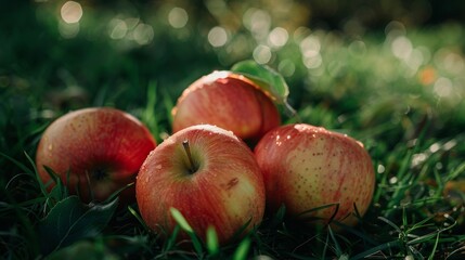 Ripe red apples with morning dew lying on vibrant green grass, bathed in sunlight.