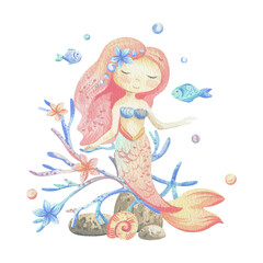 Mermaid is a little girl with long hair and a tail. Watercolor illustration hand drawn with pastel colors turquoise, blue, mint, coral, peach, pink. Composition isolated from background.