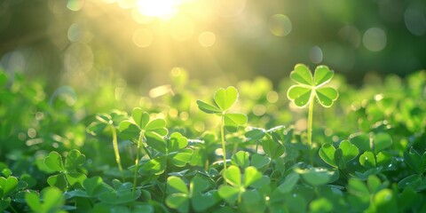 Green clover field bathed in sunlight with a beautiful bokeh effect in the background.