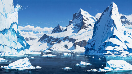 Iceberg-filled bay with icy waters and snowy peaks.