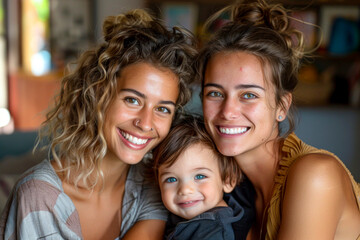 Obraz premium Modern Family: Lesbian Couple Embracing Their Toddler in Heartwarming Portrait