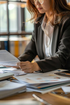Business Documents, Auditor businesswoman checking searching document legal prepare paperwork or report for analysis TAX
