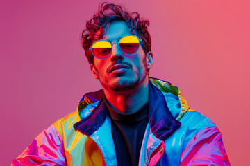 Neon Retro Vaporwave Fashion: Stylish Caucasian Gen-Z Male in Trendy Outfit with Copy Space