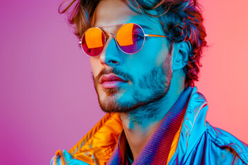 Stylish Gen-Z European Male in Neon Vaporwave Fashion with Copy Space