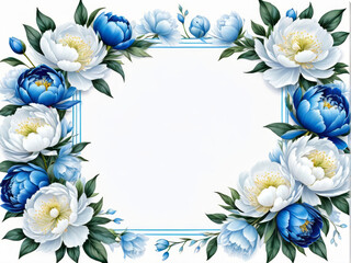 Banner with watercolor blue and white peony flowers on light background. Flat lay, top view. Frame template for web, wedding invitation, Mothers and Womans day. Floral composition with copy space.
